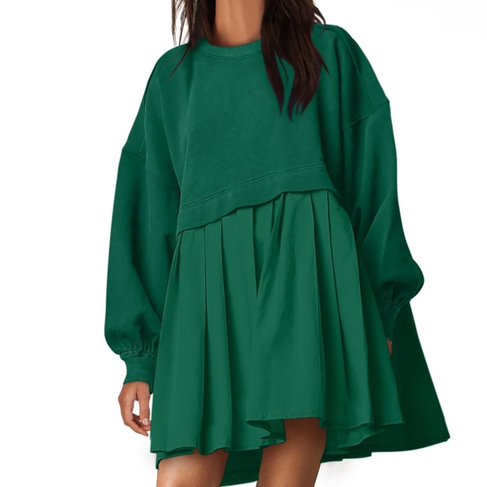 ANRABESS Sweatshirts Oversized Long Sleeve Loose Pleated Pullover Mini Dress